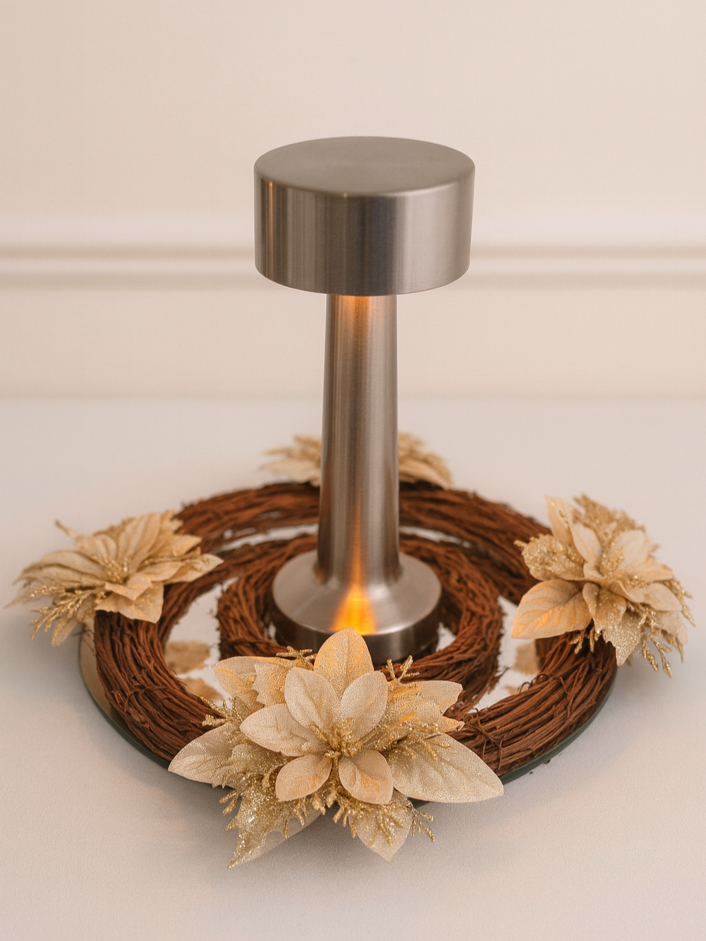 Elegant Gold Holiday Wreath Centerpiece with LED Lamp