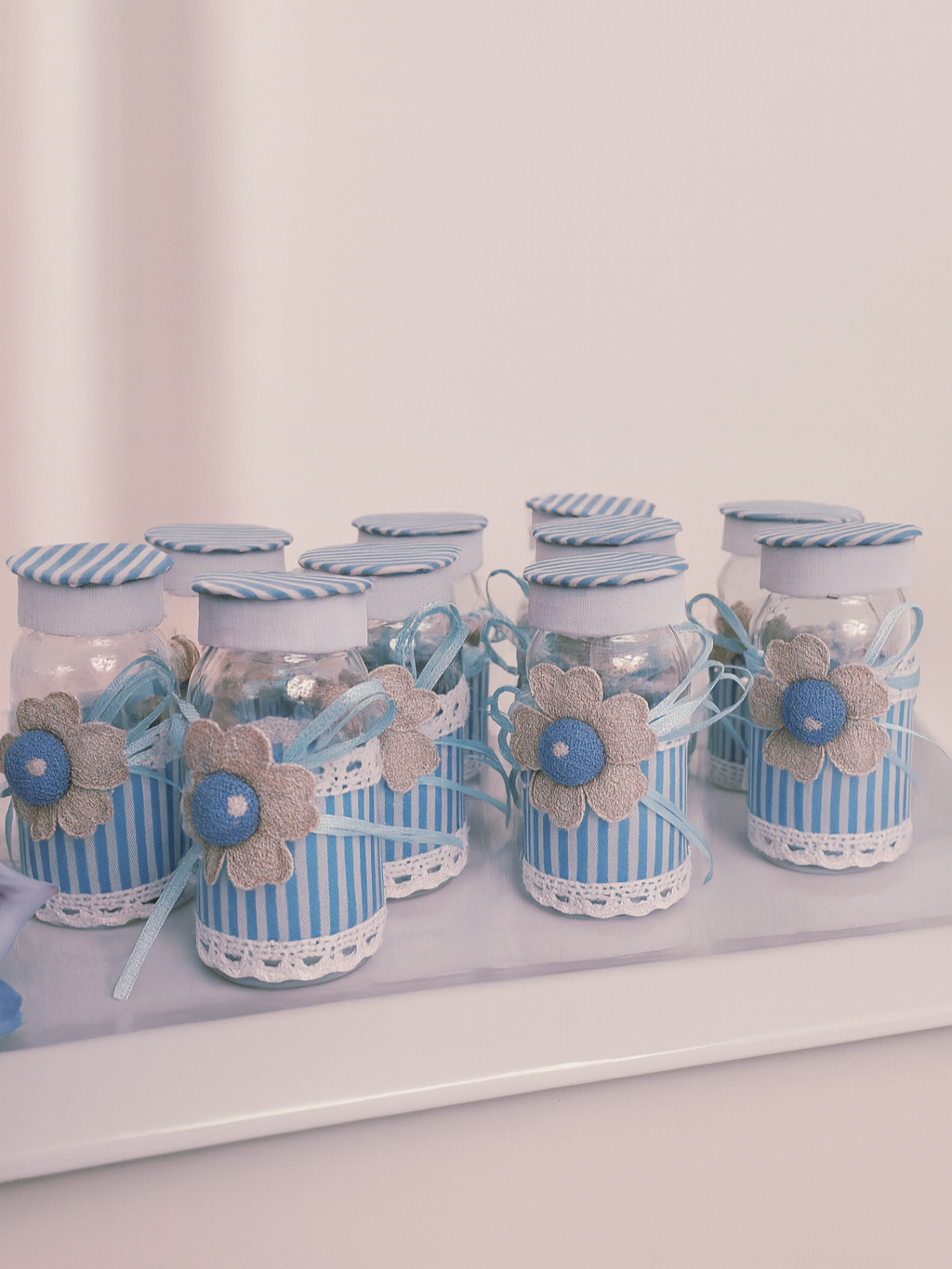Blue Striped Baby Boy Shower Favor Jars with Fabric Flower & Lace Detail Tray
