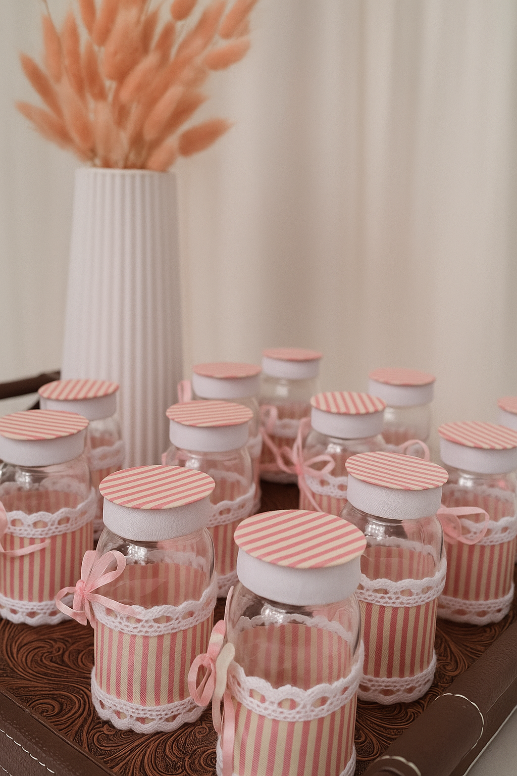Pink Striped Baby Shower Favor Jars with Lace and Flower Detail Tray