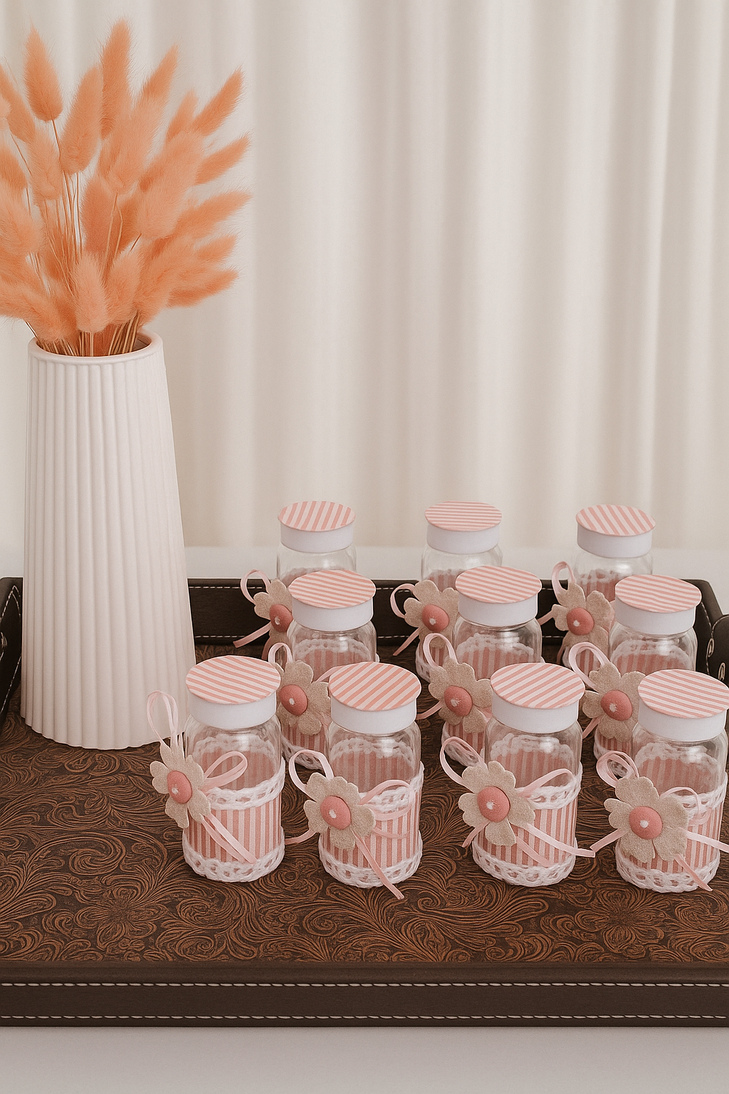 Pink Striped Baby Shower Favor Jars with Lace and Flower Detail Tray