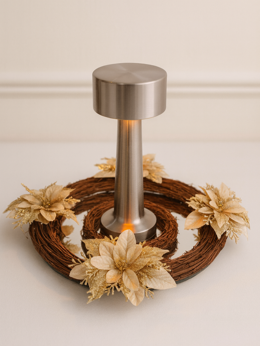 Elegant Gold Holiday Wreath Centerpiece with LED Lamp