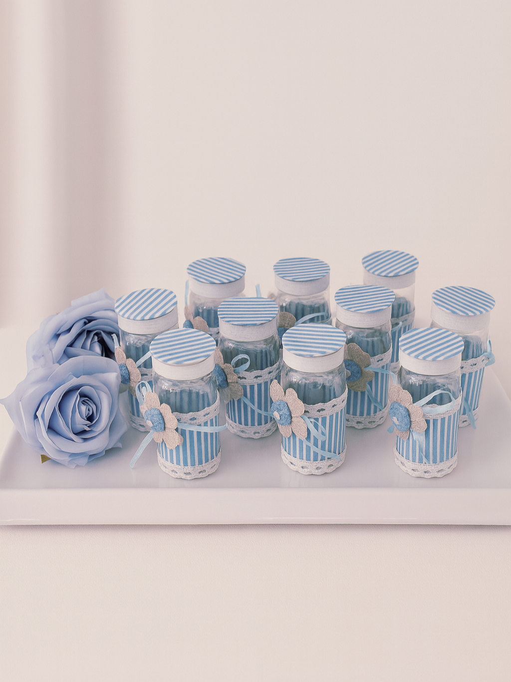 Blue Striped Baby Boy Shower Favor Jars with Fabric Flower & Lace Detail Tray