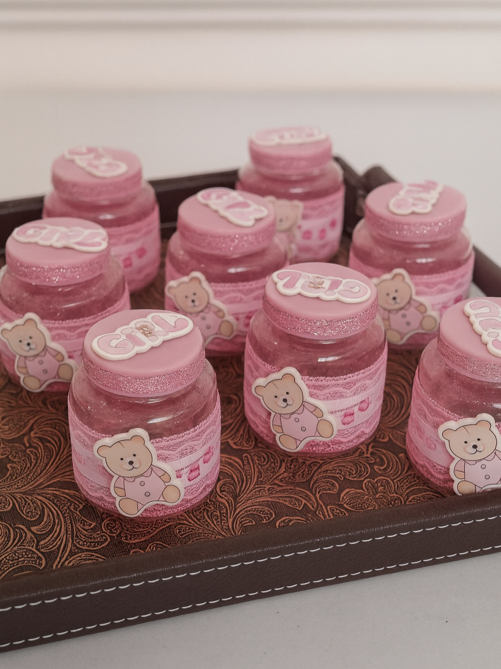 Pink “It’s a Girl” Baby Shower Favor Jars with Teddy Bear Design Tray