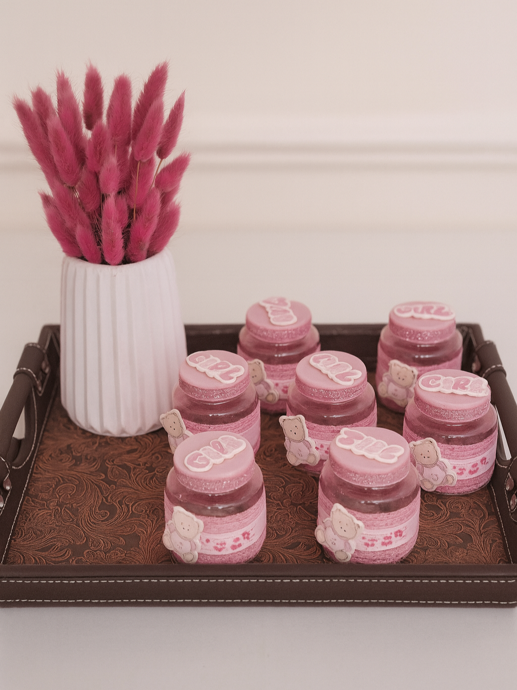Pink “It’s a Girl” Baby Shower Favor Jars with Teddy Bear Design Tray