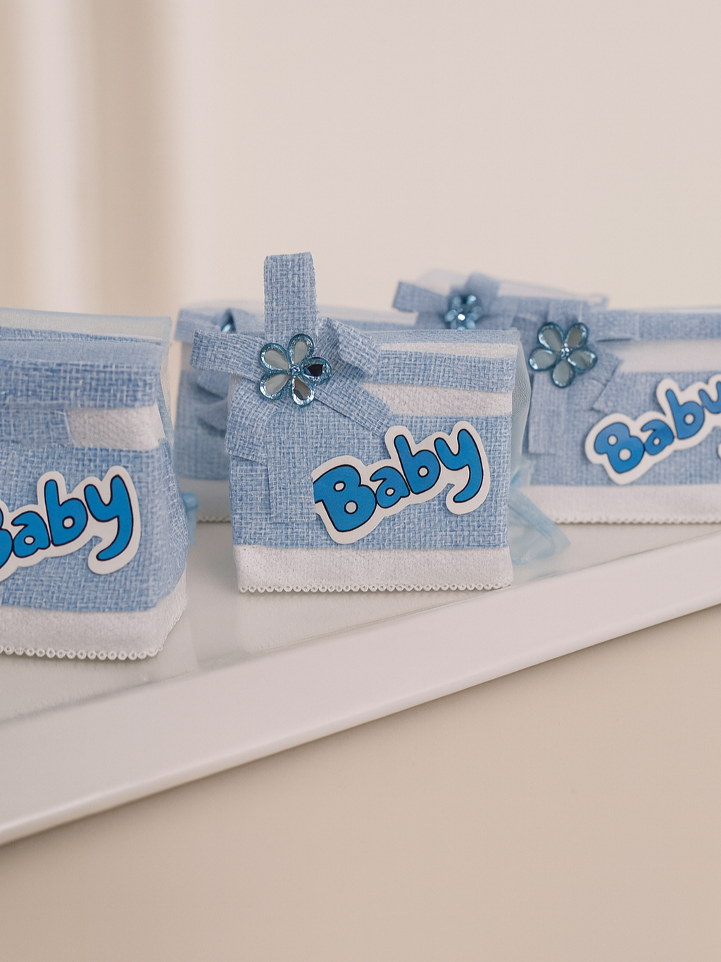 Blue Baby Boy Shower Favor Bags with Flower Accent Tray