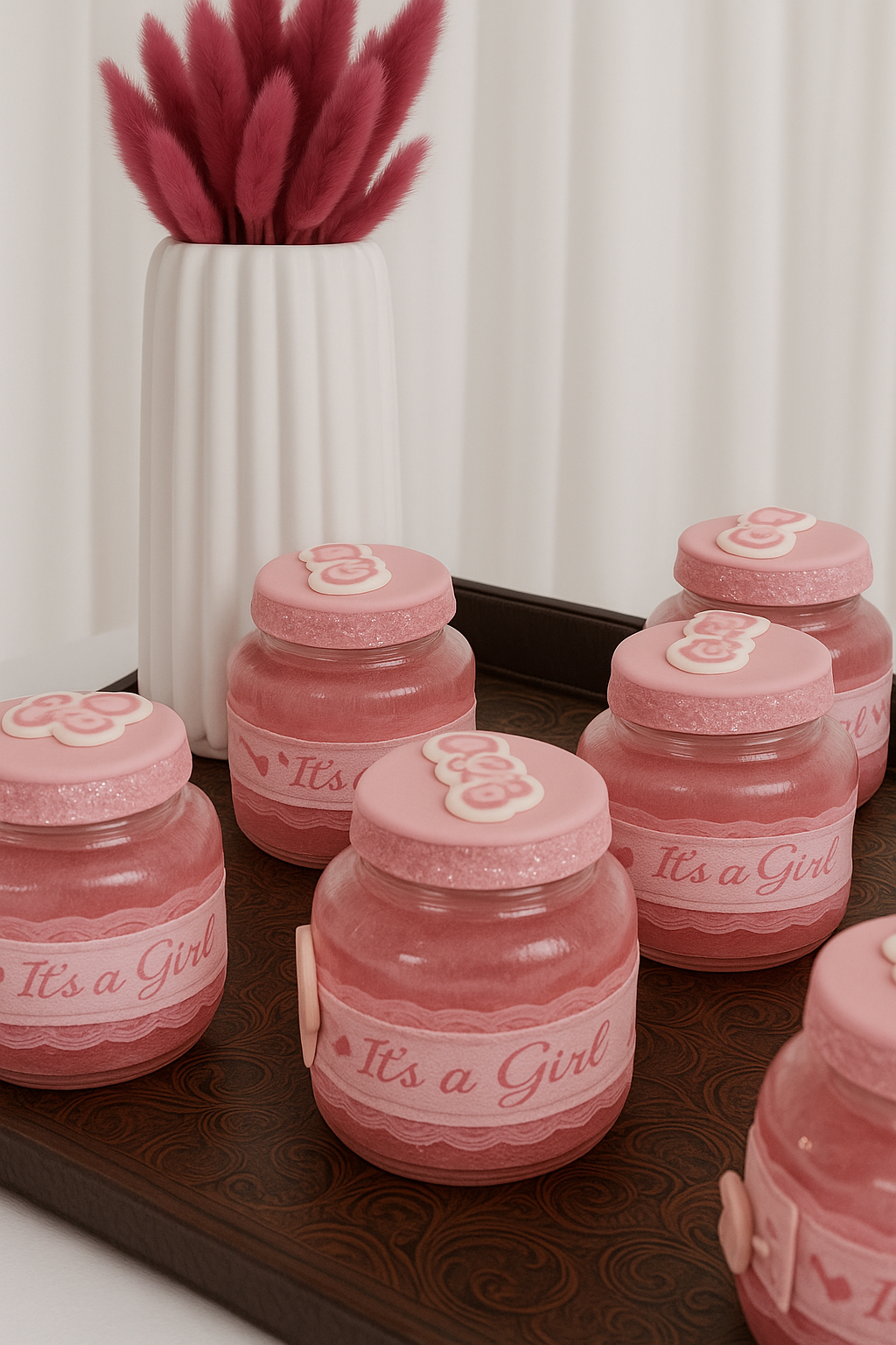 Pink “It’s a Girl” Baby Shower Favor Jars with Teddy Bear Design Tray
