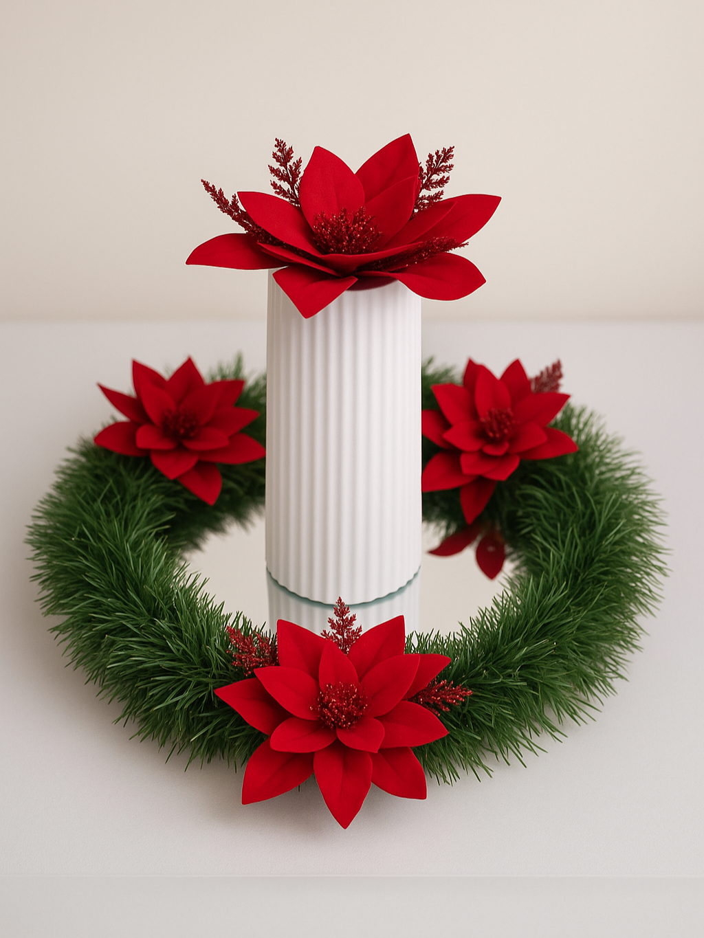 Elegant Christmas Centerpiece with Poinsettias and Green Wreath