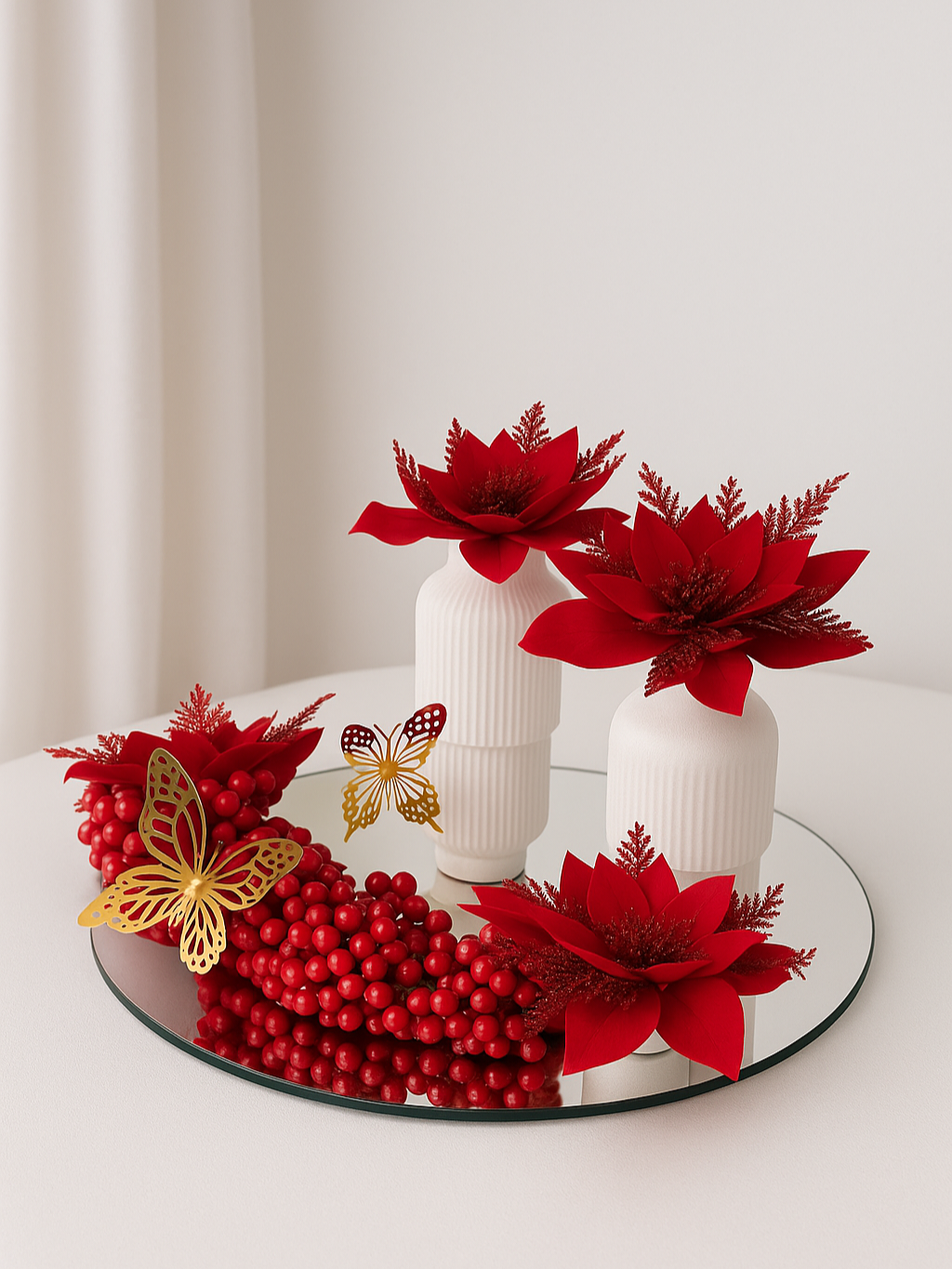 Christmas Elegant Centerpiece Red Flowers With Glittered Detailing