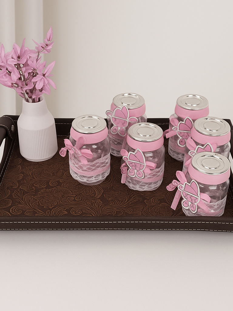 Pink Baby Shower Favor Jars with Lace and Bonnet Charm Tray