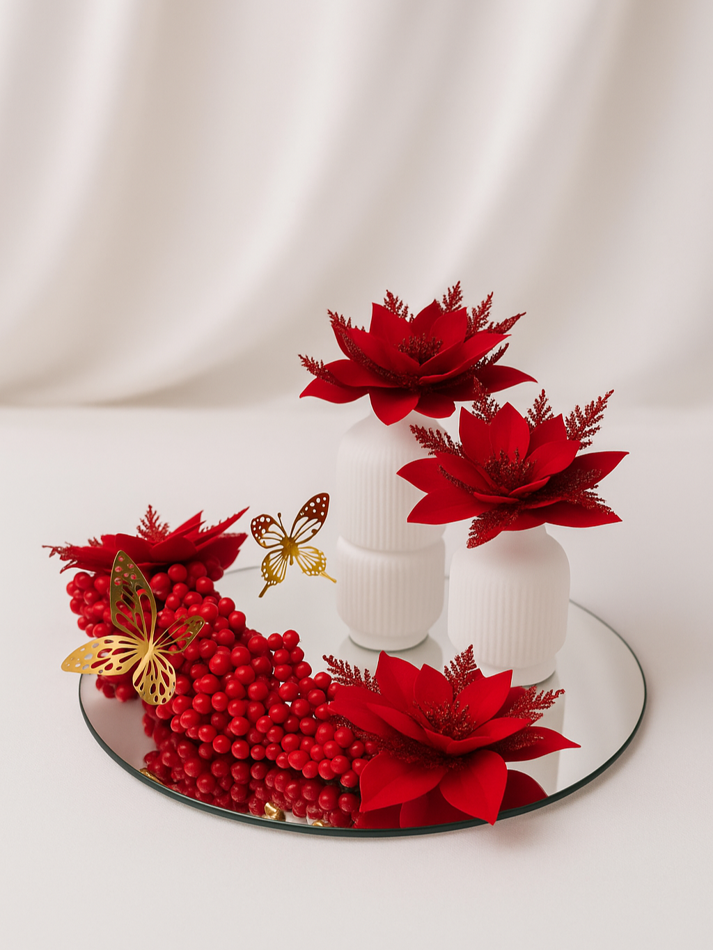 Christmas Elegant Centerpiece Red Flowers With Glittered Detailing